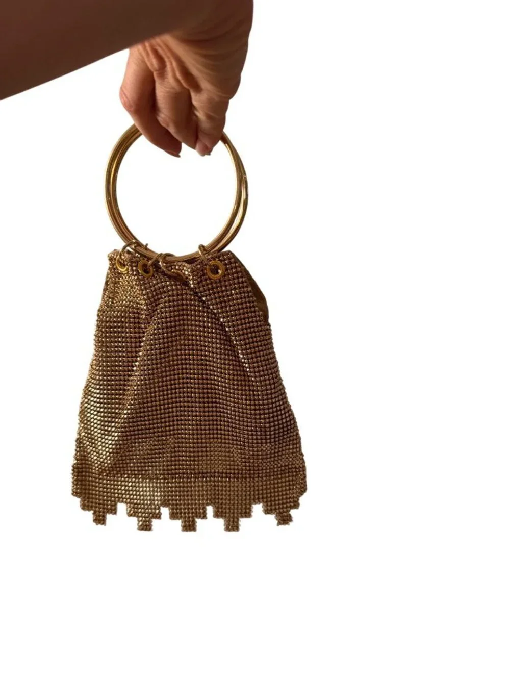 Whiting & Davis Womens Gold Mesh Evening Bag Ring Handles Ruffled Fringe Vintage